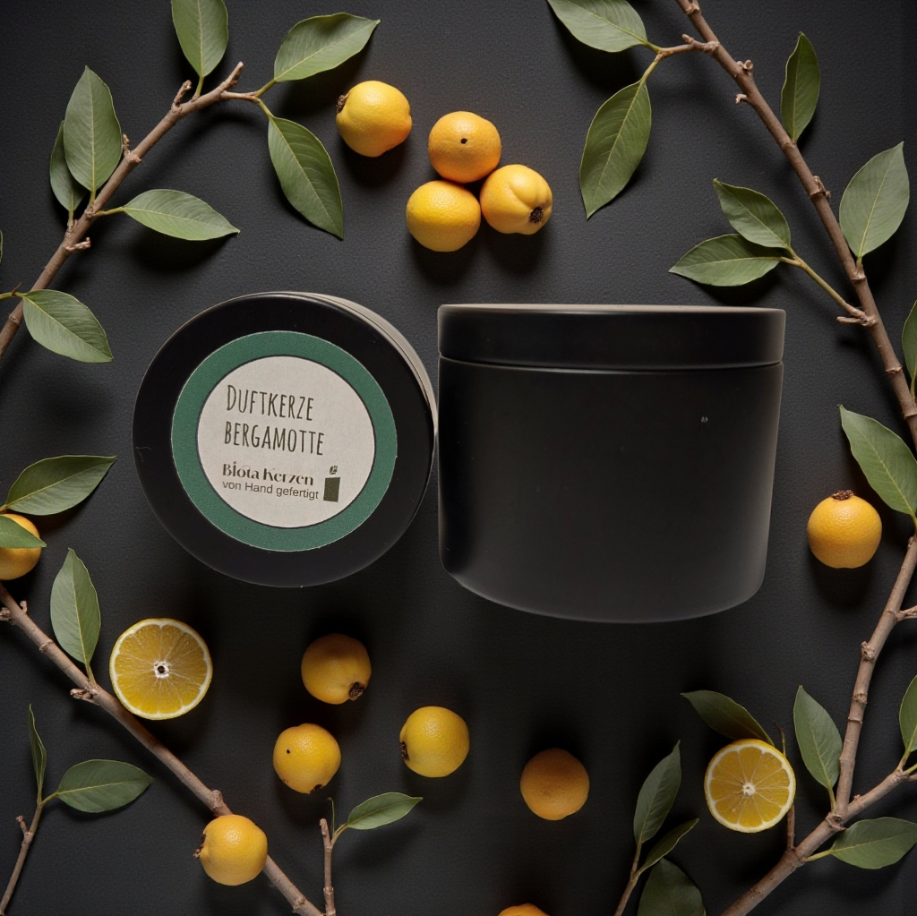 Duftkerze Bergamotte  im schwarzen Metallbehälter