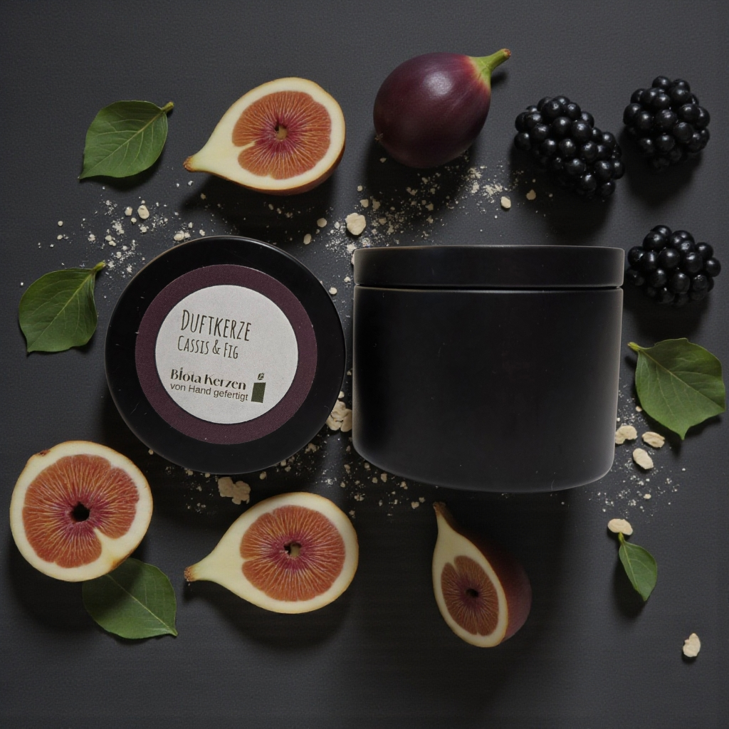 Duftkerze Cassis und Fig im schwarzen Metallbehälter
