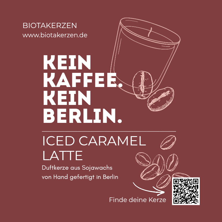 BiotaKerzen Duftkerze Iced Caramel Latte –  Sojawachskerze mit Kaffeebohnen-Illustration, handgefertigt in Berlin
