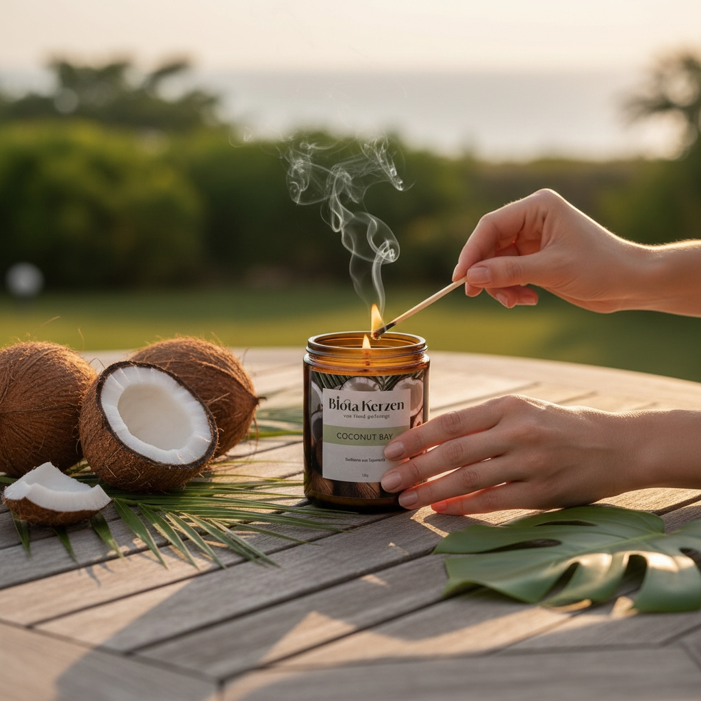 Brennende Duftkerze Coconut Bay auf dem Tisch im Garten