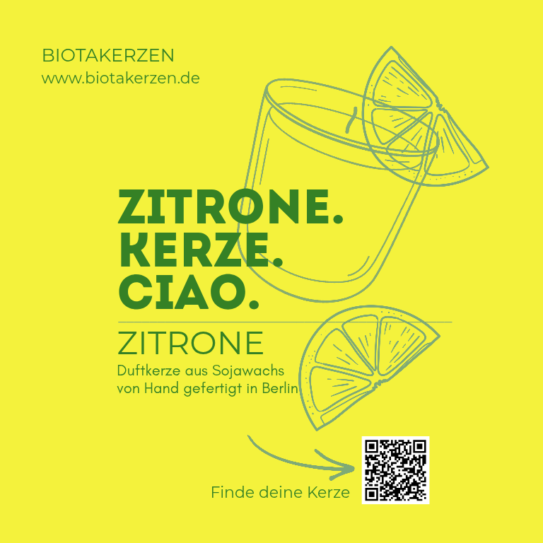 BiotaKerzen Zitrone. Kerze. Ciao. Etikett. Gelb. 