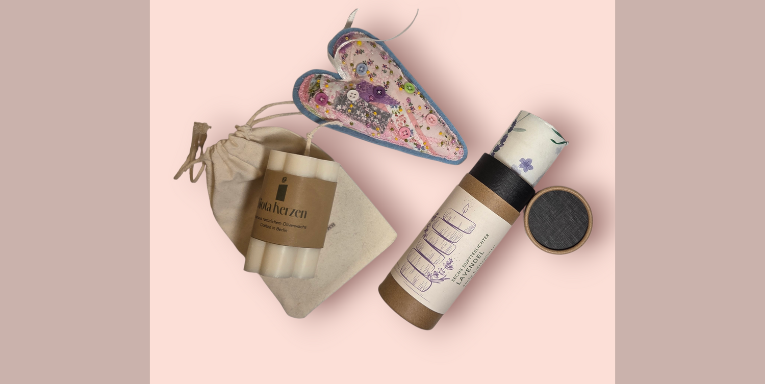 Geschenkset Teelichter Lavendel, Olivenwachskerze und Stoffherz