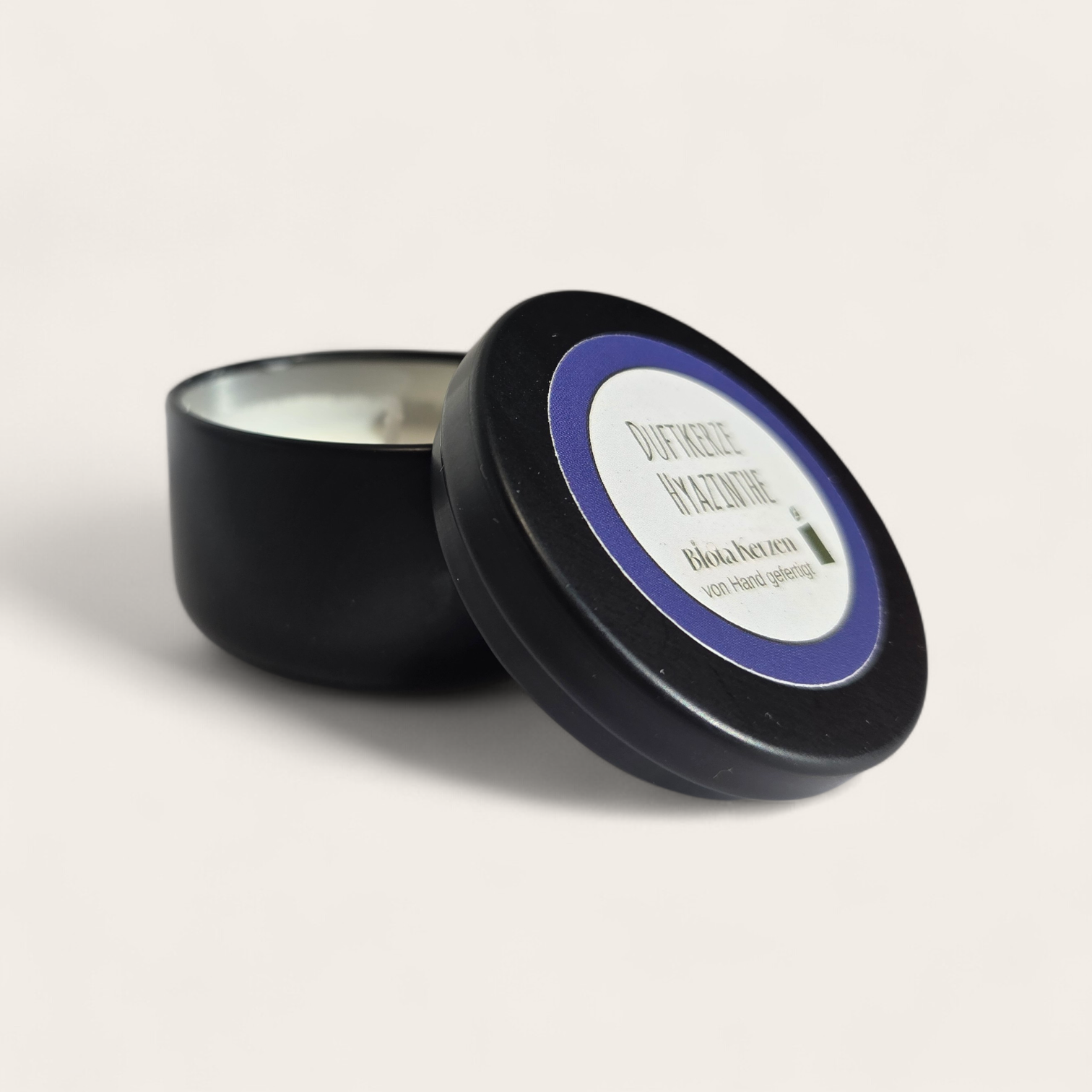 Duftkerze Hyazinthe im kleinen schwarzen Metallbecher, 35g