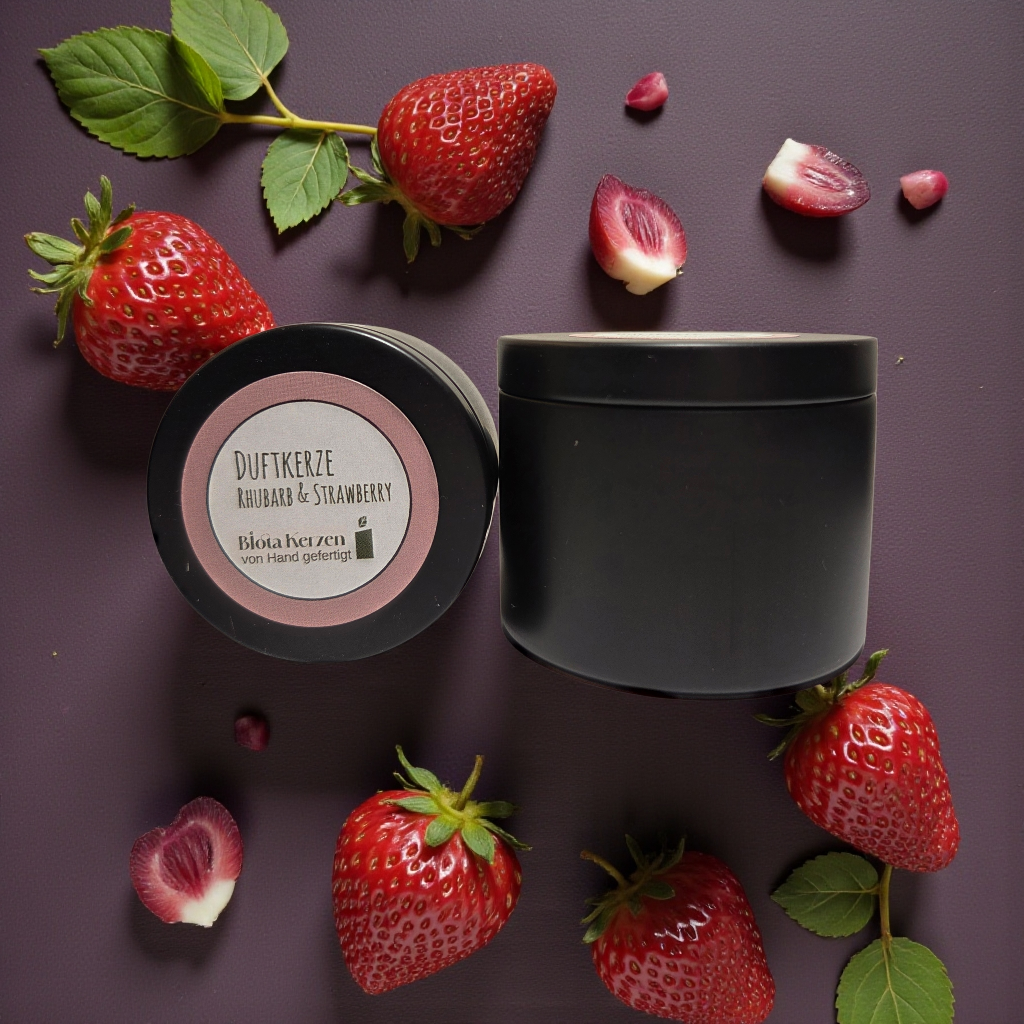 Duftkerze Rhubarg & Strawberry im schwarzen Metallbehälter