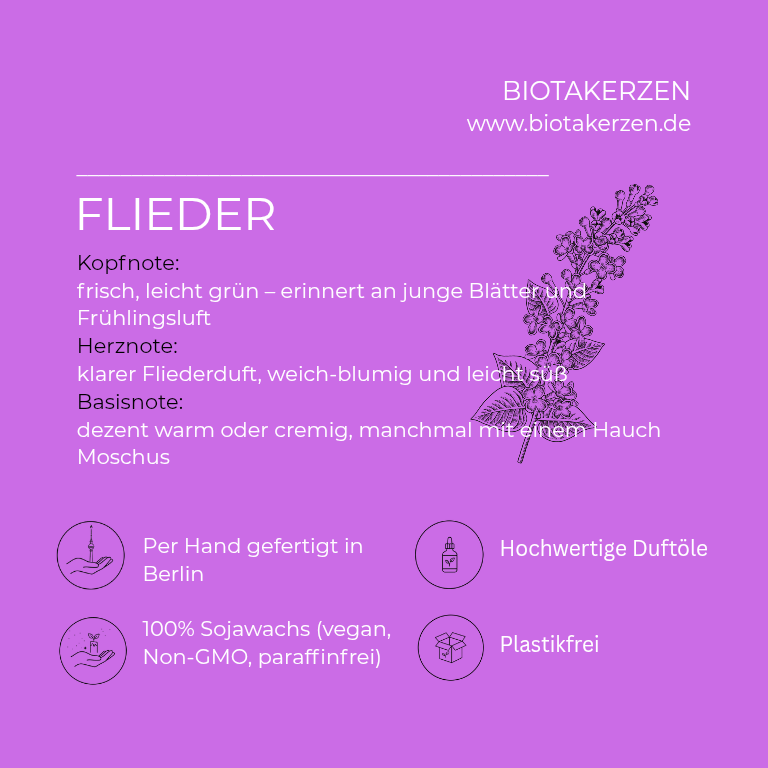 Duftprofilkarte Flieder von BiotaKerzen mit Kopf-, Herz- und Basisnote sowie Produktmerkmalen wie vegan und plastikfrei