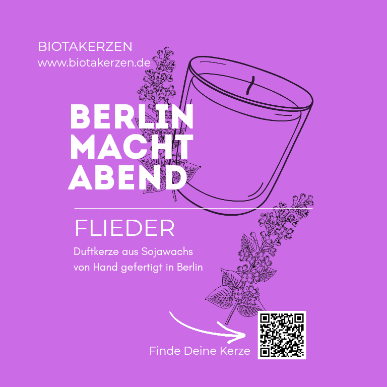 Kampagnenkarte Berlin macht Abend, Duft Flieder, mit Kerzen-Lineart-Illustration und QR-Code auf violettem Hintergrund