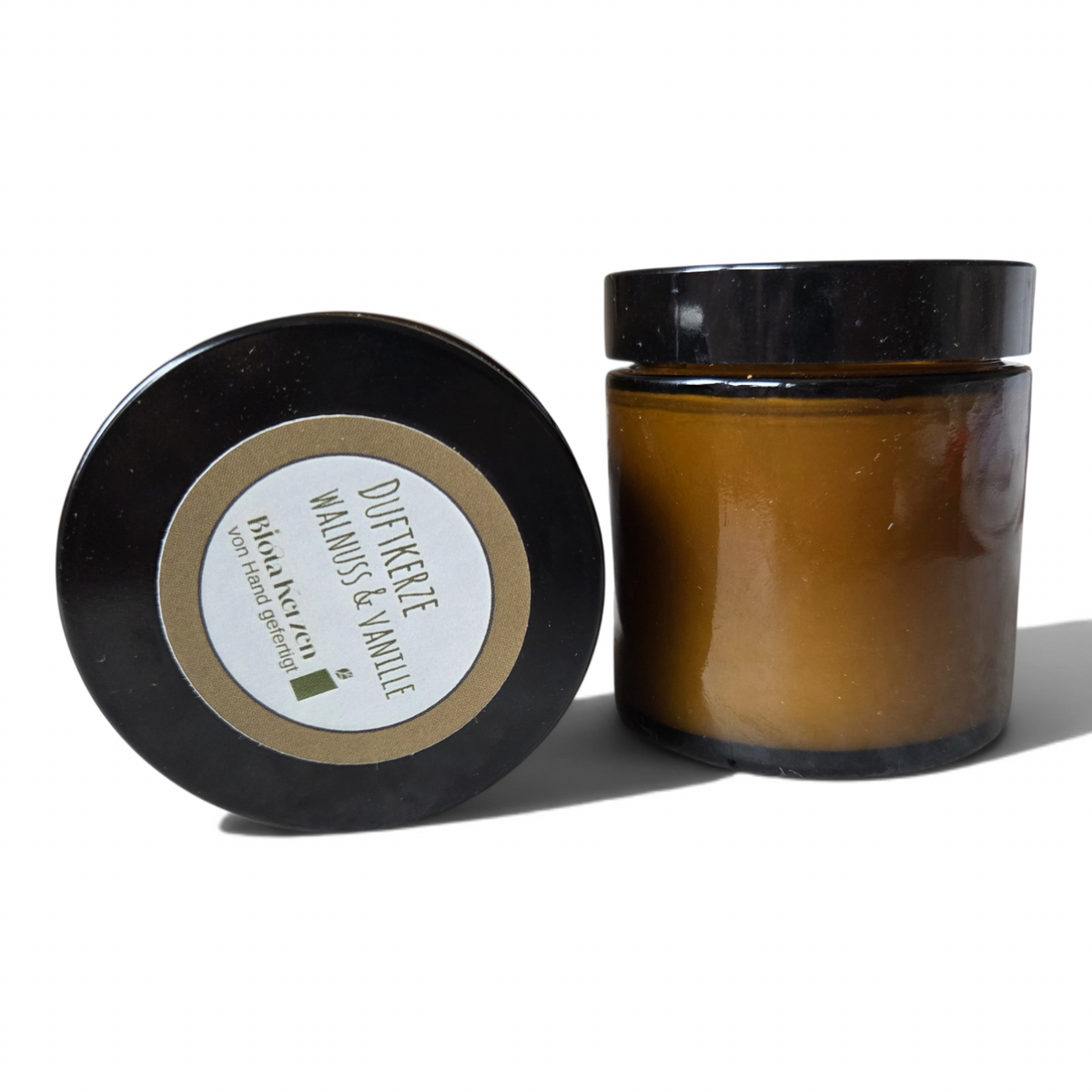 Zwei Duftkerzen Walnuss und Vanille in braune Gläsern, 80gr
