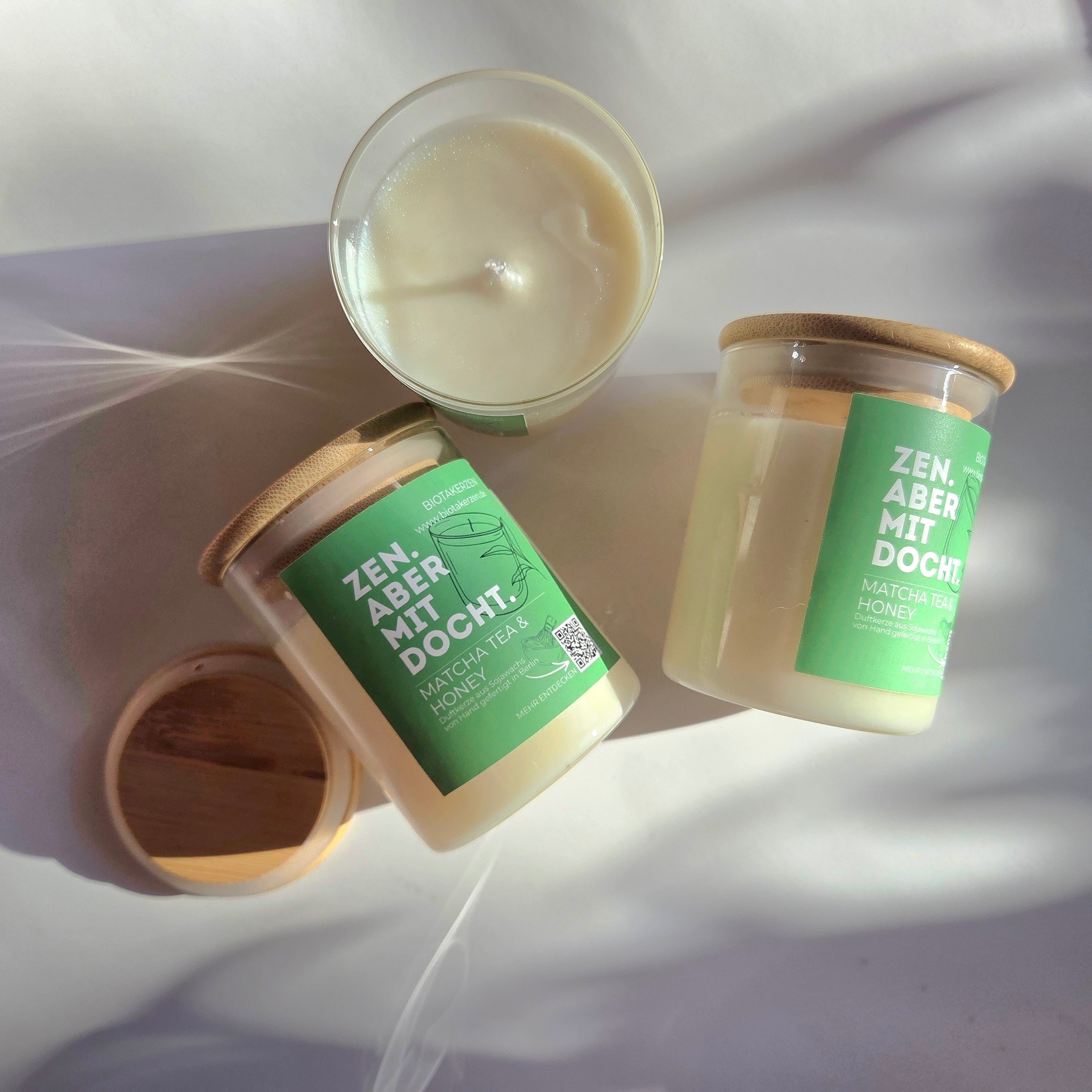 Duftkerze Matscha Tee und Honey. Zen. Aber mit Docht