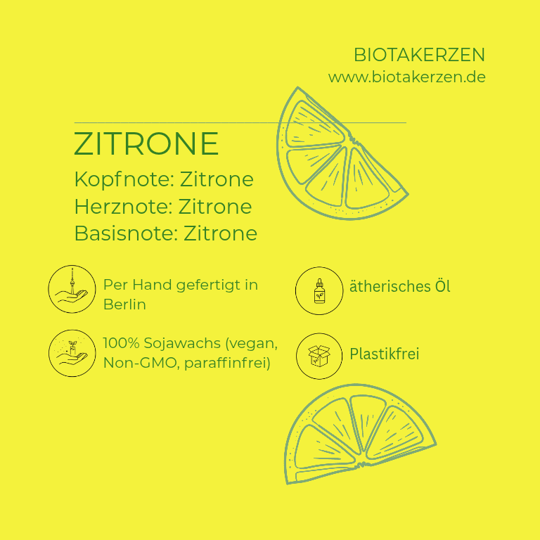 BiotaKerzen Zitrone. Kerze. Ciao. Etikett. Gelb. 