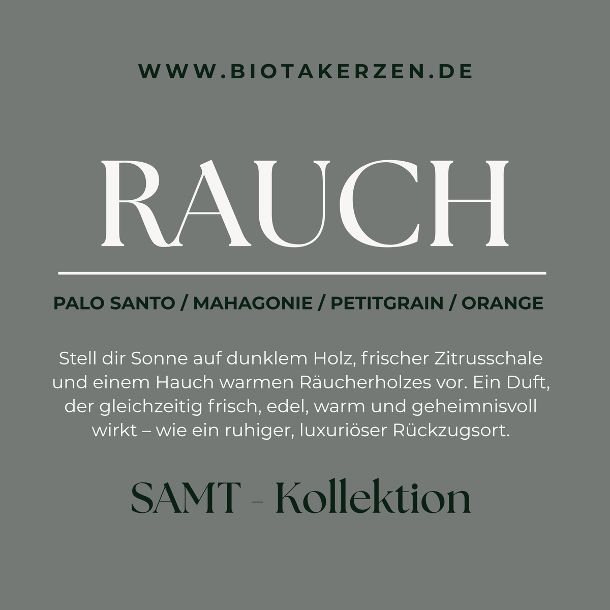 SAMT RAUCH Duftkerze Infografik mit Duftnoten Palo Santo, Mahagonie, Petitgrain und Orange